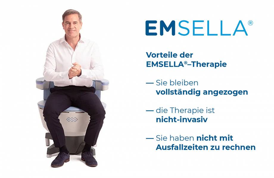 Eine Mann sitzt auf dem futuristischen Emsella-Therapie-Stuhl